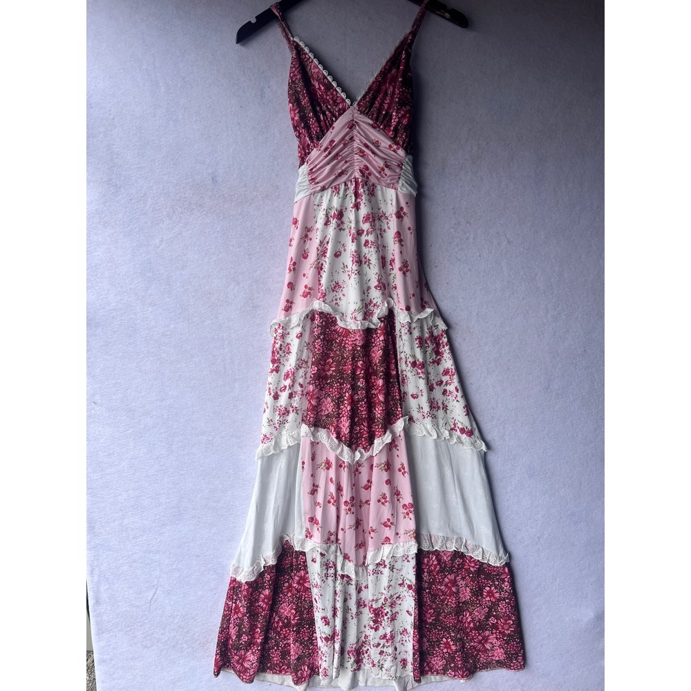 Floral Patchwork Maxi Dress Pink White Burgundy Lace Trim Ruched Empire Waist
